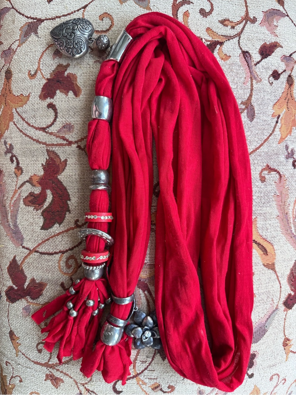 Red Fabric Necklace Scarf with Silver Accents